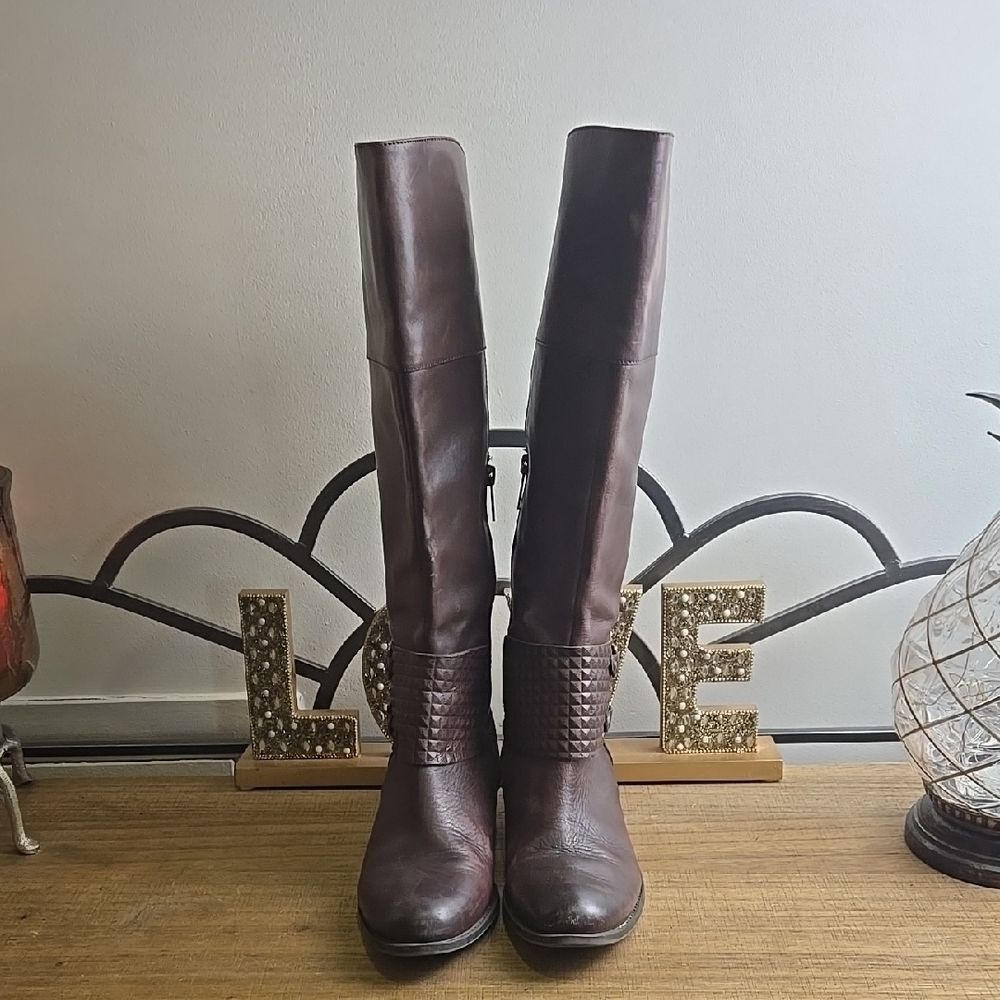 Madden Girl Tall Riding Boots Womens 8.5 Brown Leather Buckle Studded Knee High